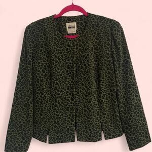 Vintage 90s Leslie Fay Dark Green Leopard Button up blouse size small